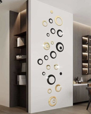 Set 24 Oglinzi Acrilice Autoadezive Pentru Decorarea Peretilor Luxer, Model Cercuri, Black and Gold, Oglinda Decorativa Perete/Mobila pentru Hol Living Baie [8]