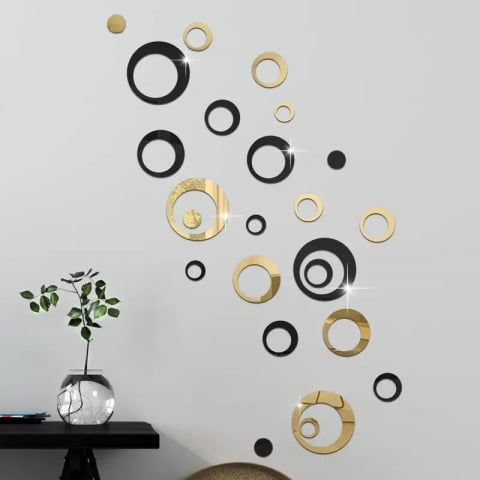 Toate Produsele - Set 24 Oglinzi Acrilice Autoadezive Pentru Decorarea Peretilor Luxer, Model Cercuri, Black and Gold, Oglinda Decorativa Perete/Mobila pentru Hol Living Baie