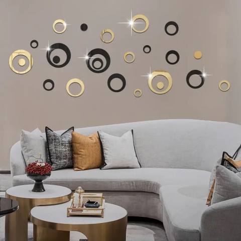 Set 24 Oglinzi Acrilice Autoadezive Pentru Decorarea Peretilor Luxer, Model Cercuri, Black and Gold, Oglinda Decorativa Perete/Mobila pentru Hol Living Baie [4]