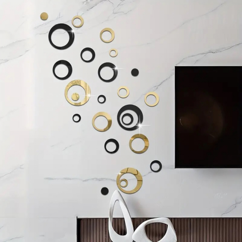 Set 24 Oglinzi Acrilice Autoadezive Pentru Decorarea Peretilor Luxer, Model Cercuri, Black and Gold, Oglinda Decorativa Perete/Mobila pentru Hol Living Baie [2]