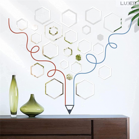 Set 24 Oglinzi Acrilice Autoadezive Pentru Decorarea Peretilor Luxer, Model Rama Hexagonala, Oglinda Decorativa Perete/Mobila pentru Hol Living Baie, Silver [2]