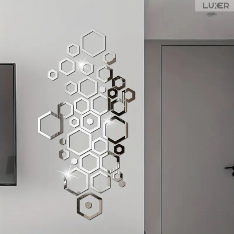 Set 24 Oglinzi Acrilice Autoadezive Pentru Decorarea Peretilor Luxer, Model Rama Hexagonala, Oglinda Decorativa Perete/Mobila pentru Hol Living Baie, Silver [5]