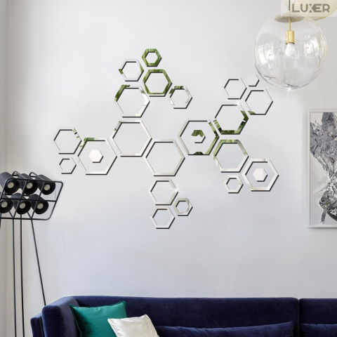 Set 24 Oglinzi Acrilice Autoadezive Pentru Decorarea Peretilor Luxer, Model Rama Hexagonala, Oglinda Decorativa Perete/Mobila pentru Hol Living Baie, Silver [8]