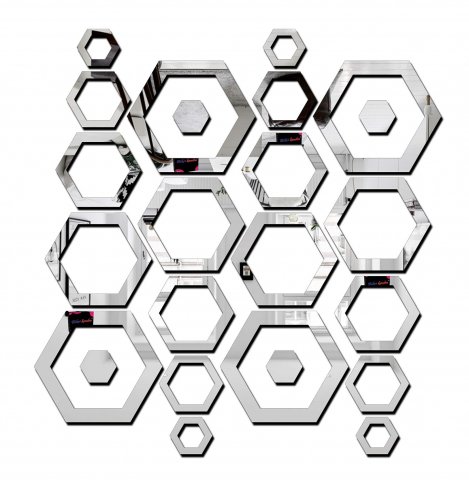 Set 24 Oglinzi Acrilice Autoadezive Pentru Decorarea Peretilor Luxer, Model Rama Hexagonala, Oglinda Decorativa Perete/Mobila pentru Hol Living Baie, Silver [13]