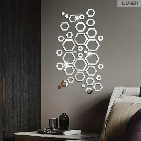 Set 24 Oglinzi Acrilice Autoadezive Pentru Decorarea Peretilor Luxer, Model Rama Hexagonala, Oglinda Decorativa Perete/Mobila pentru Hol Living Baie, Silver [7]