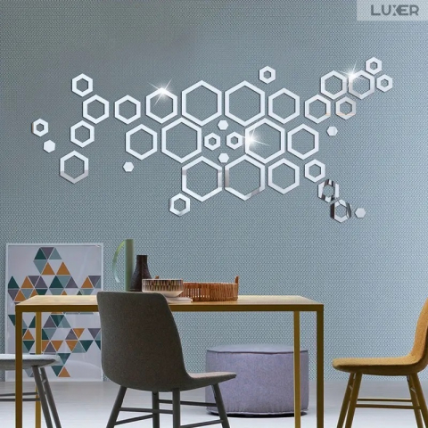 Set 24 Oglinzi Acrilice Autoadezive Pentru Decorarea Peretilor Luxer, Model Rama Hexagonala, Oglinda Decorativa Perete/Mobila pentru Hol Living Baie, Silver [4]