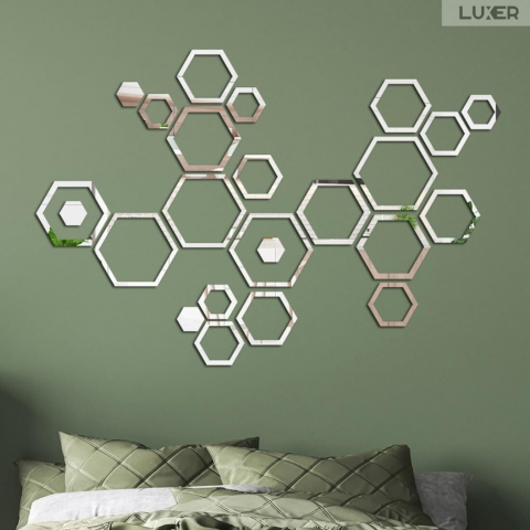 Set 24 Oglinzi Acrilice Autoadezive Pentru Decorarea Peretilor Luxer, Model Rama Hexagonala, Oglinda Decorativa Perete/Mobila pentru Hol Living Baie, Silver [9]