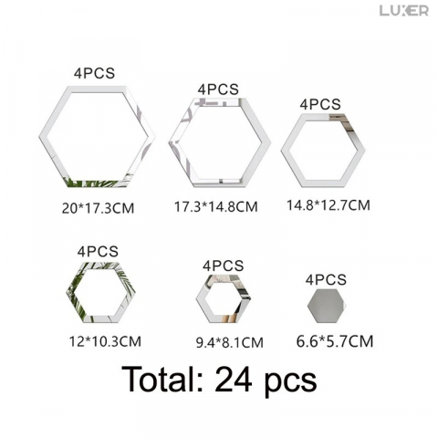 Set 24 Oglinzi Acrilice Autoadezive Pentru Decorarea Peretilor Luxer, Model Rama Hexagonala, Oglinda Decorativa Perete/Mobila pentru Hol Living Baie, Silver [14]