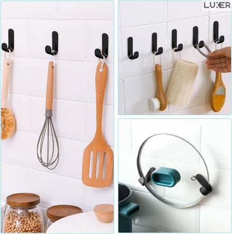 Set 3 Suporti Autoadezivi Rezistenti pentru Perete, Tip Carlig, pentru Agatare Propsop/Haine/Chei, Universal, Rezistenti la Umezeala, Lungime 7cm, Metal, Black, Luxer [1]