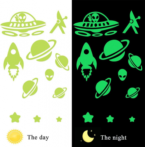Set 304 Stickere Autoadezive Copii Fosforescente pentru Perete/Mobila/Tavan, Model Interstelar cu Astronauti, Rachete, Norisori si Semilune, Luxer [2]