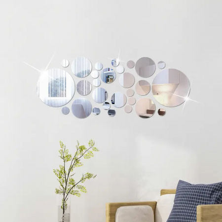 Set 31 oglinzi acrilice decorative Luxer, Oglinda Decorativa Perete/Mobila pentru Hol Living Baie, Model Buline, Autocolant, 5 Dimensiuni, Argintiu/Negru, oglinzi decorative pentru perete rotunde model bulina pentrun hol living ieftine din acril rezistente ikea jumbo hornbach luxer [14]