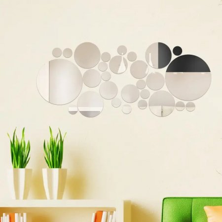 Set 31 oglinzi acrilice decorative Luxer, Oglinda Decorativa Perete/Mobila pentru Hol Living Baie, Model Buline, Autocolant, 5 Dimensiuni, Argintiu/Negru, oglinzi decorative pentru perete rotunde model bulina pentrun hol living ieftine din acril rezistente ikea jumbo hornbach luxer [9]