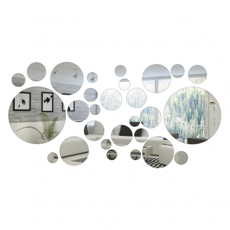 Set 31 oglinzi acrilice decorative Luxer, Oglinda Decorativa Perete/Mobila pentru Hol Living Baie, Model Buline, Autocolant, 5 Dimensiuni, Argintiu/Negru, oglinzi decorative pentru perete rotunde model bulina pentrun hol living ieftine din acril rezistente ikea jumbo hornbach luxer [13]