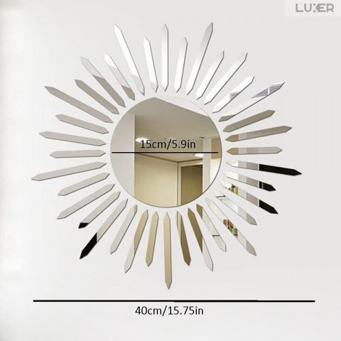 Set 37 Oglinzi Acrilice Autoadezive Luxer, Model Soare cu 36 Raze, Oglinda Decorativa Perete/Mobila pentru Hol Living Baie,Dimensiuni 40x40 cm, Silver [10]