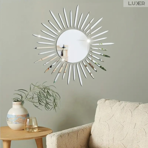 Set 37 Oglinzi Acrilice Autoadezive Luxer, Model Soare cu 36 Raze, Oglinda Decorativa Perete/Mobila pentru Hol Living Baie,Dimensiuni 40x40 cm, Silver [3]