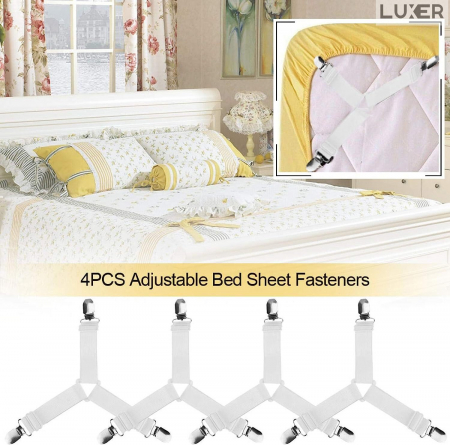 Set 4 Curele/Bretele cu Clesti Metalici Ajustabile Pentru Fixarea Cearceafului/Lenjeriei de Pat, Albe, Luxer, fixare asternuturi cearceaf canapea/pat jysk leroy merlin dedeman hornbach emag ieftine [6]