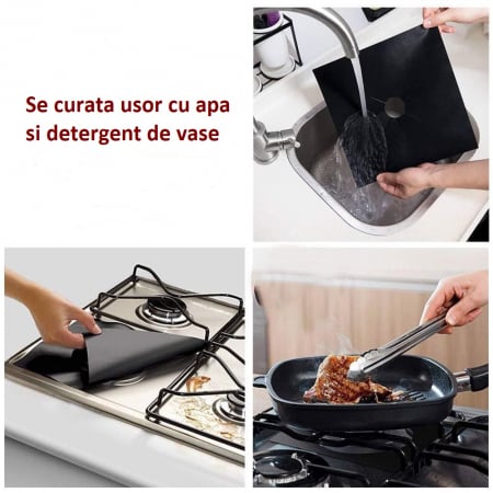 Set 4 folii cu Teflon pentru Protectie Plita sau Aragaz Luxer, Lavabile si Reutilizabile, Negru, 27x27 cm, folie protectie aragaz plita dedeman reutilizabila altex carrefour din teflon auchan ropack inductie perete aragaz ieftin emag altex luxer [7]