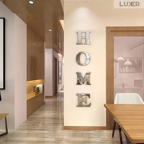 Set 4 Oglinzi Litere Autoadezive Luxer, Model HOME,  Oglinda Decorativa Perete/Mobila pentru Hol Living Baie, Dimensiuni 20x22 cm, Silver [9]