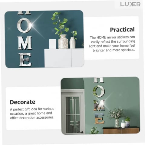 Set 4 Oglinzi Litere Autoadezive Luxer, Model HOME,  Oglinda Decorativa Perete/Mobila pentru Hol Living Baie, Dimensiuni 20x22 cm, Silver [12]