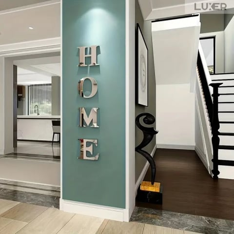Set 4 Oglinzi Litere Autoadezive Luxer, Model HOME,  Oglinda Decorativa Perete/Mobila pentru Hol Living Baie, Dimensiuni 20x22 cm, Silver [6]