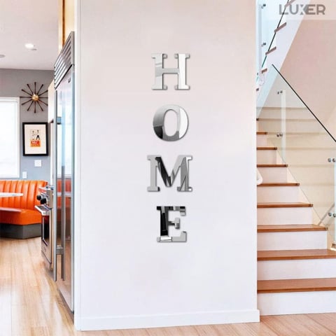 Set 4 Oglinzi Litere Autoadezive Luxer, Model HOME,  Oglinda Decorativa Perete/Mobila pentru Hol Living Baie, Dimensiuni 20x22 cm, Silver [1]
