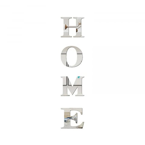 Set 4 Oglinzi Litere Autoadezive Luxer, Model HOME,  Oglinda Decorativa Perete/Mobila pentru Hol Living Baie, Dimensiuni 20x22 cm, Silver [11]