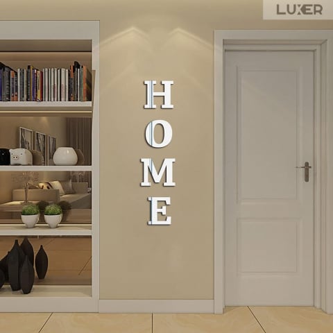 Set 4 Oglinzi Litere Autoadezive Luxer, Model HOME,  Oglinda Decorativa Perete/Mobila pentru Hol Living Baie, Dimensiuni 20x22 cm, Silver [2]
