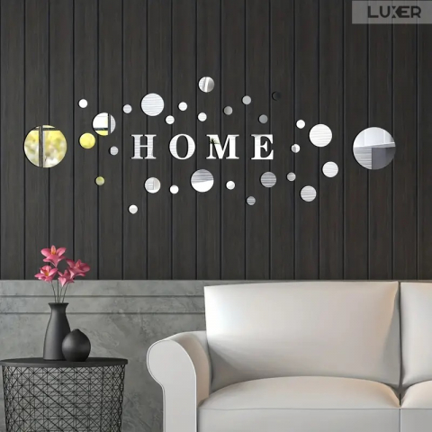 Toate Produsele - Set 35 Oglinzi Litere Autoadezive Luxer, Model HOME si 31 Buline Diverse Dimensiuni,  Oglinda Decorativa Perete/Mobila pentru Hol Living Baie, Silver
