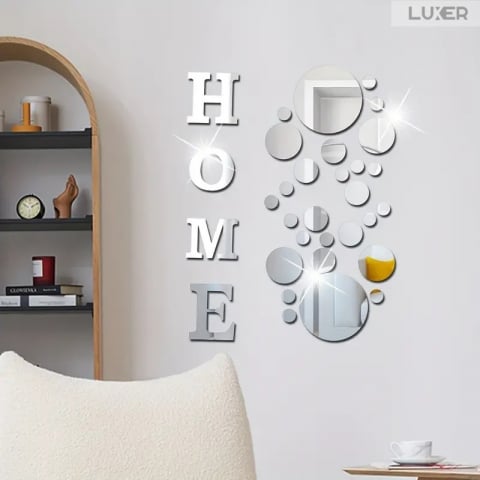 Set 35 Oglinzi Litere Autoadezive Luxer, Model HOME si 31 Buline Diverse Dimensiuni,  Oglinda Decorativa Perete/Mobila pentru Hol Living Baie, Silver [3]