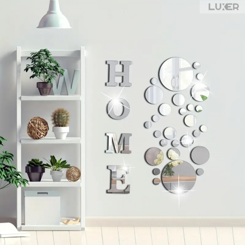 Set 35 Oglinzi Litere Autoadezive Luxer, Model HOME si 31 Buline Diverse Dimensiuni,  Oglinda Decorativa Perete/Mobila pentru Hol Living Baie, Silver [1]