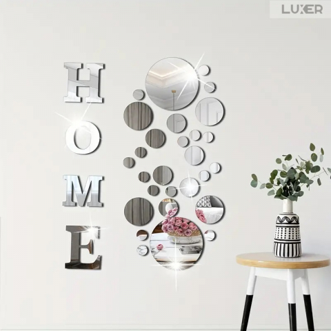 Set 35 Oglinzi Litere Autoadezive Luxer, Model HOME si 31 Buline Diverse Dimensiuni,  Oglinda Decorativa Perete/Mobila pentru Hol Living Baie, Silver [5]