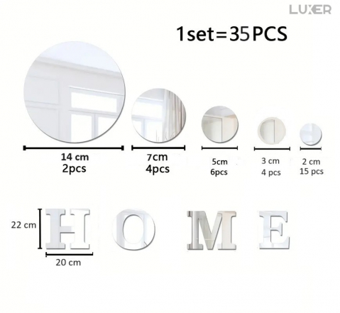 Set 35 Oglinzi Litere Autoadezive Luxer, Model HOME si 31 Buline Diverse Dimensiuni,  Oglinda Decorativa Perete/Mobila pentru Hol Living Baie, Silver [8]