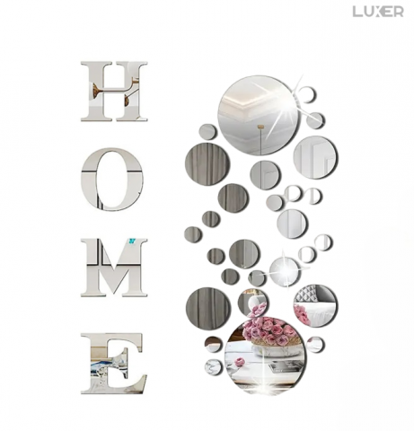 Set 35 Oglinzi Litere Autoadezive Luxer, Model HOME si 31 Buline Diverse Dimensiuni,  Oglinda Decorativa Perete/Mobila pentru Hol Living Baie, Silver [7]