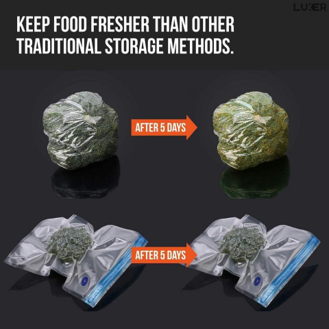 Set 5 Pungi Alimentare pentru Vidat, Reutilizabile de pana la 100 de ori, Vidare Manuala cu Pompa si Clema, Non-Toxice, Anti-Miros, BPA Free, Eco Friendly, pentru Fructe, Legume si Alimente, Luxer, [8]