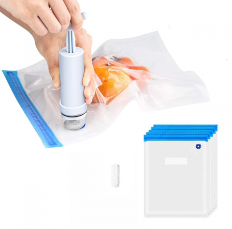 Ustensile Bucătărie & Transport Alimente - Set 5 Pungi Alimentare pentru Vidat, Reutilizabile de pana la 100 de ori, Vidare Manuala cu Pompa si Clema, Non-Toxice, Anti-Miros, BPA Free, Eco Friendly, pentru Fructe, Legume si Alimente, Luxer,