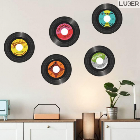 Set 5 Stickere Decorative Autoadezive Retro, pentru Perete/Mobila, Model: Discuri de Vinil, Muzica veche, Pentru Pasionatii Muzicii Retro, Diametru: 29 cm, Luxer [1]