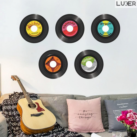 Stickere Decorative - Set 5 Stickere Decorative Autoadezive Retro, pentru Perete/Mobila, Model: Discuri de Vinil, Muzica veche, Pentru Pasionatii Muzicii Retro, Diametru: 29 cm, Luxer