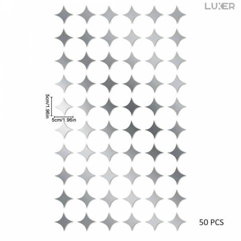 Set 50 Oglinzi Acrilice Autoadezive Luxer, Model Stea cu 4 Colturi, Dimensiuni 5x5 cm, Oglinda Decorativa Perete/Mobila pentru Hol Living Baie, Silver [11]