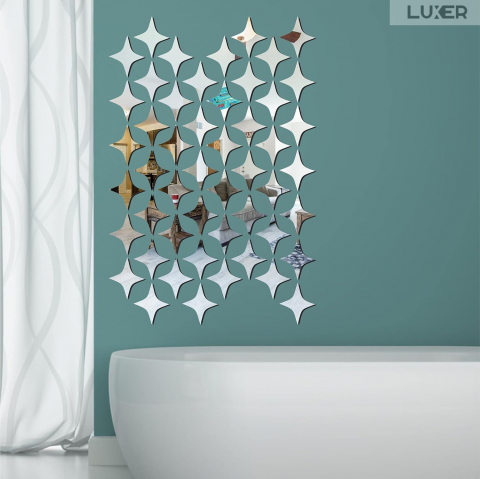 Produse Sub 30 Lei - Set 50 Oglinzi Acrilice Autoadezive Luxer, Model Stea cu 4 Colturi, Dimensiuni 5x5 cm, Oglinda Decorativa Perete/Mobila pentru Hol Living Baie, Silver