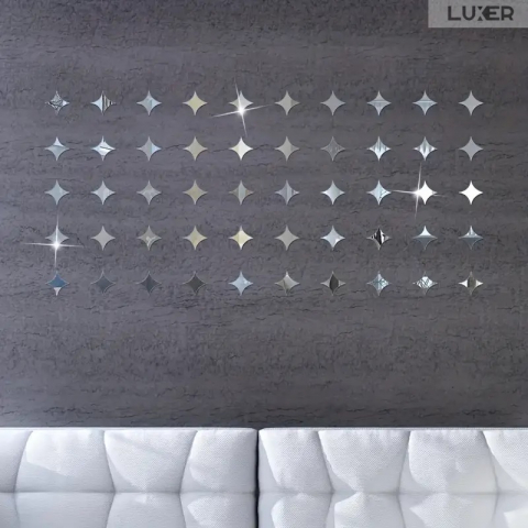 Set 50 Oglinzi Acrilice Autoadezive Luxer, Model Stea cu 4 Colturi, Dimensiuni 5x5 cm, Oglinda Decorativa Perete/Mobila pentru Hol Living Baie, Silver [3]