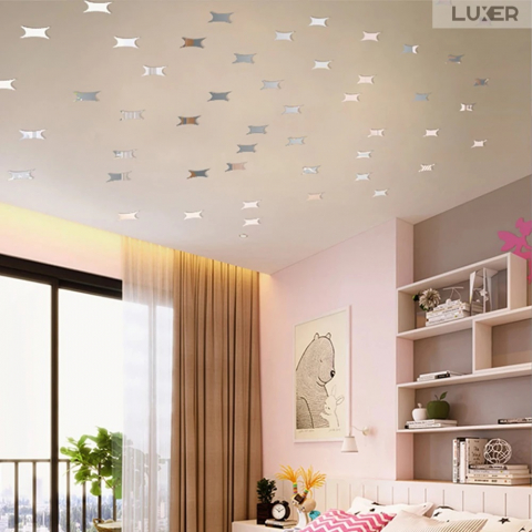 Set 50 Oglinzi Acrilice Autoadezive Luxer, Model Stea cu 4 Colturi, Dimensiuni 5x5 cm, Oglinda Decorativa Perete/Mobila pentru Hol Living Baie, Silver [7]