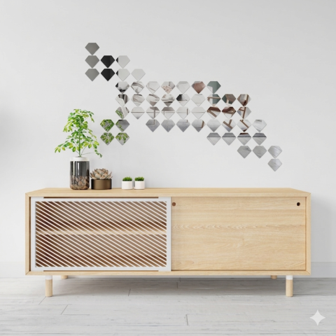 Oglinzi Acrilice  Decorative - Set 50 Oglinzi Acrilice Autoadezive, Model Diamant, Oglinda Decorativa Perete/Mobila pentru Hol Living Baie, Dimensiuni 6x5 cm, Luxer