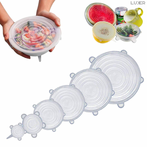 Produse si Accesorii Bucatarie - Set 6 Capace din Silicon Pentru Boluri, Vase sau Alte Recipiente, Flexibile, Reutilizabile, Transparent, Luxer