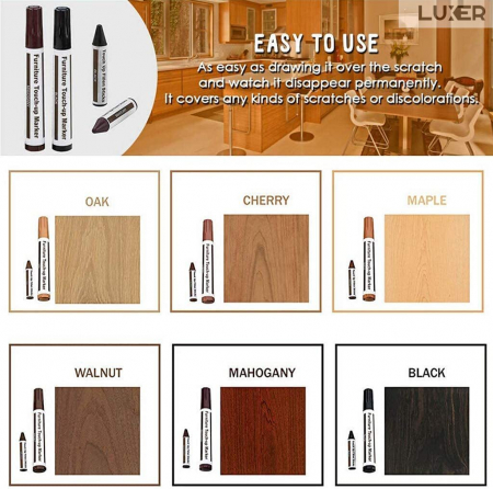 Set 6 Markere + 6 Creioane Cerate pentru Reparare si Corectare Zgarieturi Mobila/Lemn/Parchet, 6 Nuante de Maro, Luxer, marker corector zgarieturi mobila dedeman hornbach leroy merlin alb wenghe ieftine [3]