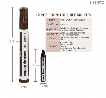 Set 6 Markere + 6 Creioane Cerate pentru Reparare si Corectare Zgarieturi Mobila/Lemn/Parchet, 6 Nuante de Maro, Luxer, marker corector zgarieturi mobila dedeman hornbach leroy merlin alb wenghe ieftine [13]