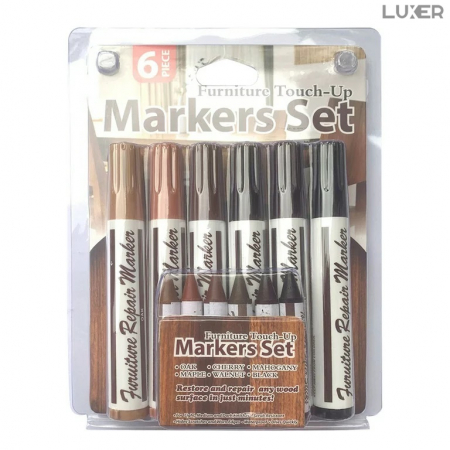 Set 6 Markere + 6 Creioane Cerate pentru Reparare si Corectare Zgarieturi Mobila/Lemn/Parchet, 6 Nuante de Maro, Luxer, marker corector zgarieturi mobila dedeman hornbach leroy merlin alb wenghe ieftine [14]