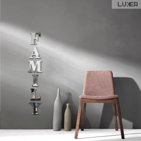 Set 6 Oglinzi Litere Autoadezive Luxer, Model FAMILY, Oglinda Decorativa Perete/Mobila pentru Hol Living Baie Dimensiuni 22x23 cm, Silver [6]