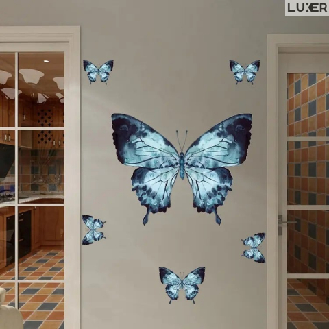 Stickere Perete - Set 6 Stickere Decorative Autoadezive Model: Morpho Butterflies (Fluturi Morpho), Multisuprafete, Dimensiuni 29 x 29 cm, Jysk, Leroy, Dedeman, Jumbo, Emag, Luxer
