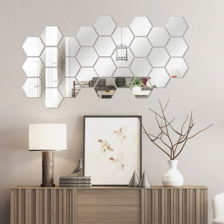 Set oglinzi acrilice Luxer, model hexagon, 12.5x11x6.4 cm, silver, oglinda acrilica perete mare decortiva dedeman dormitor rama ikea baie dedeman jysk ieftin pret emag mobexpert moderne ieftine leroy merlin autocolant hexagon luxer [6]