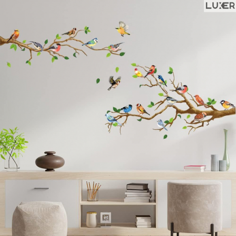Sticker Autoadeziv Decorativ cu Model Floral: Branches with Small Birds, Multisuprafete, Dimensiuni: 140 x 50 cm, Luxer,  Stickere Decorative pentru Perete Autocolant cu model Floral "Ramuri de Copac si Pasari mici" pentru Domitor/Bucatarie/Living/Hol cu Flori si Natura Vie si Animale Verde si Galben Luxer [2]